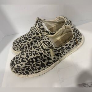Hey Dude Women's Wendy Woven Cheetah Grey slip-on sneakers.